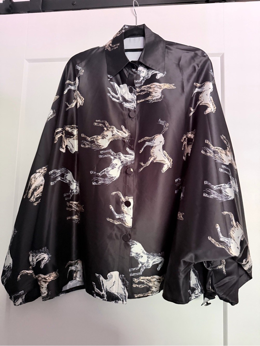 Black Satin Horse Print Button-Up Blouse